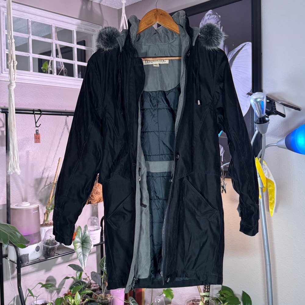 London Fog Parka Jacket Women Small Black Excellent Faux‎ Fur Trim Hooded Coat